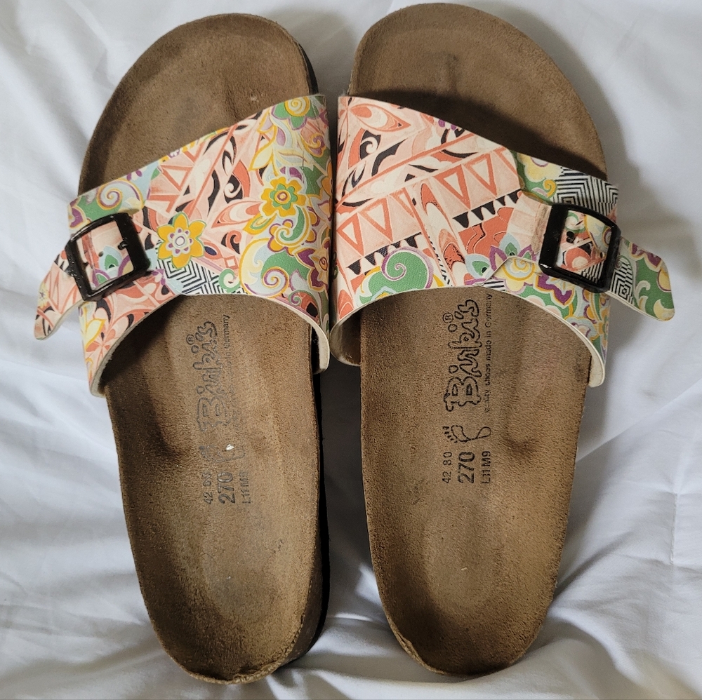 Birkenstock Peach Floral Geometric Slide Sandals W Sz 11 M Sz 9 Unisex - Picture 4 of 12